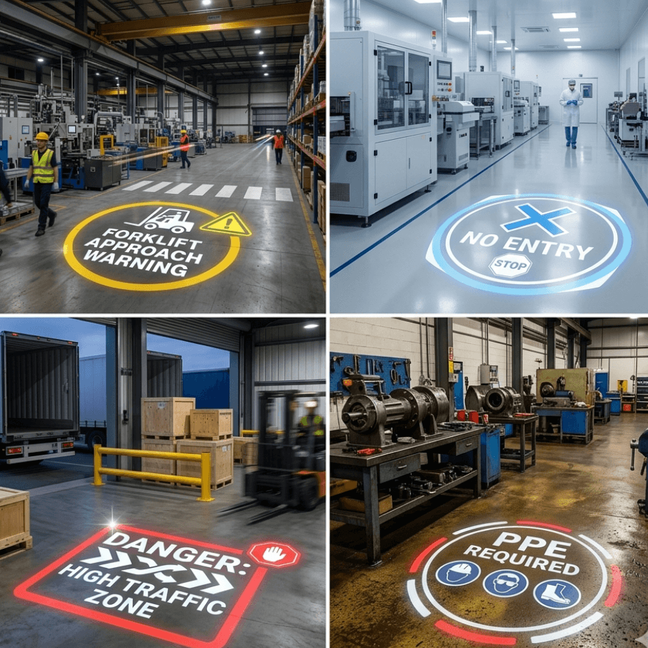 Industrial Virtual Safety Sign Projector — High-Visibility LED Warning Light for Floor Markings and Pedestrian Safety